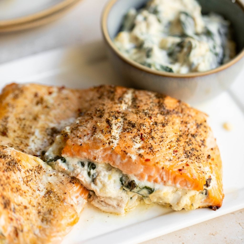 Spinach & Artichoke Stuffed Salmon Recipe | OC Wild Seafood Recipes