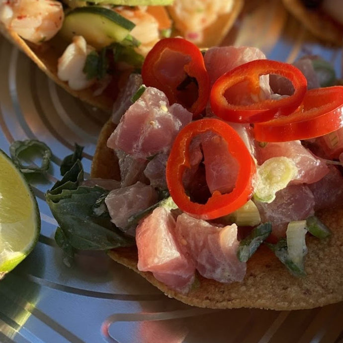 Ahi Tuna Tostada with Fermented Tomatillos & Pickled Fresno Chiles